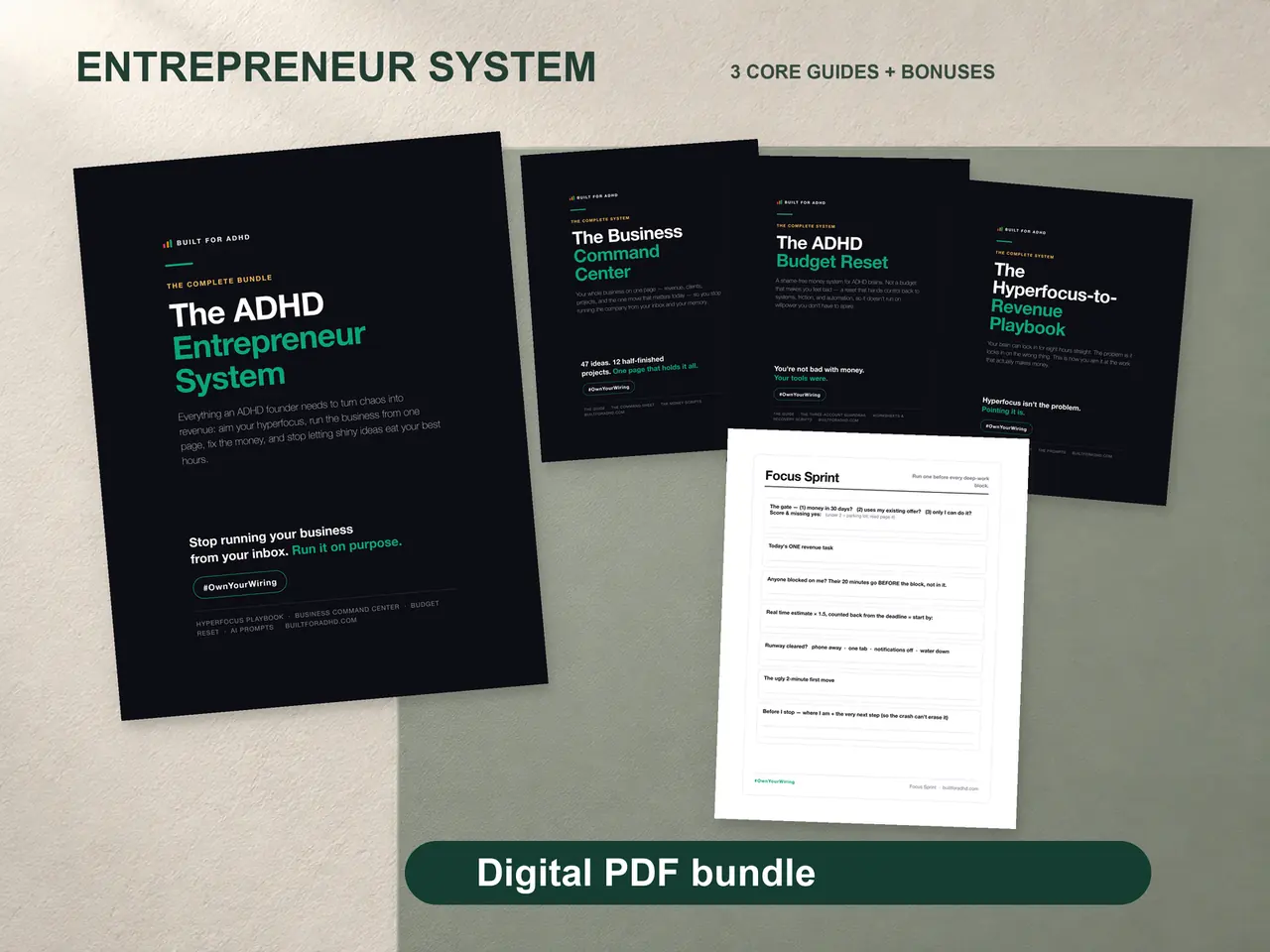 Entrepreneur System digital bundle: its guide with the included Business Command Center, Budget Reset and Hyperfocus Playbook, plus the Focus Sprint sheet.