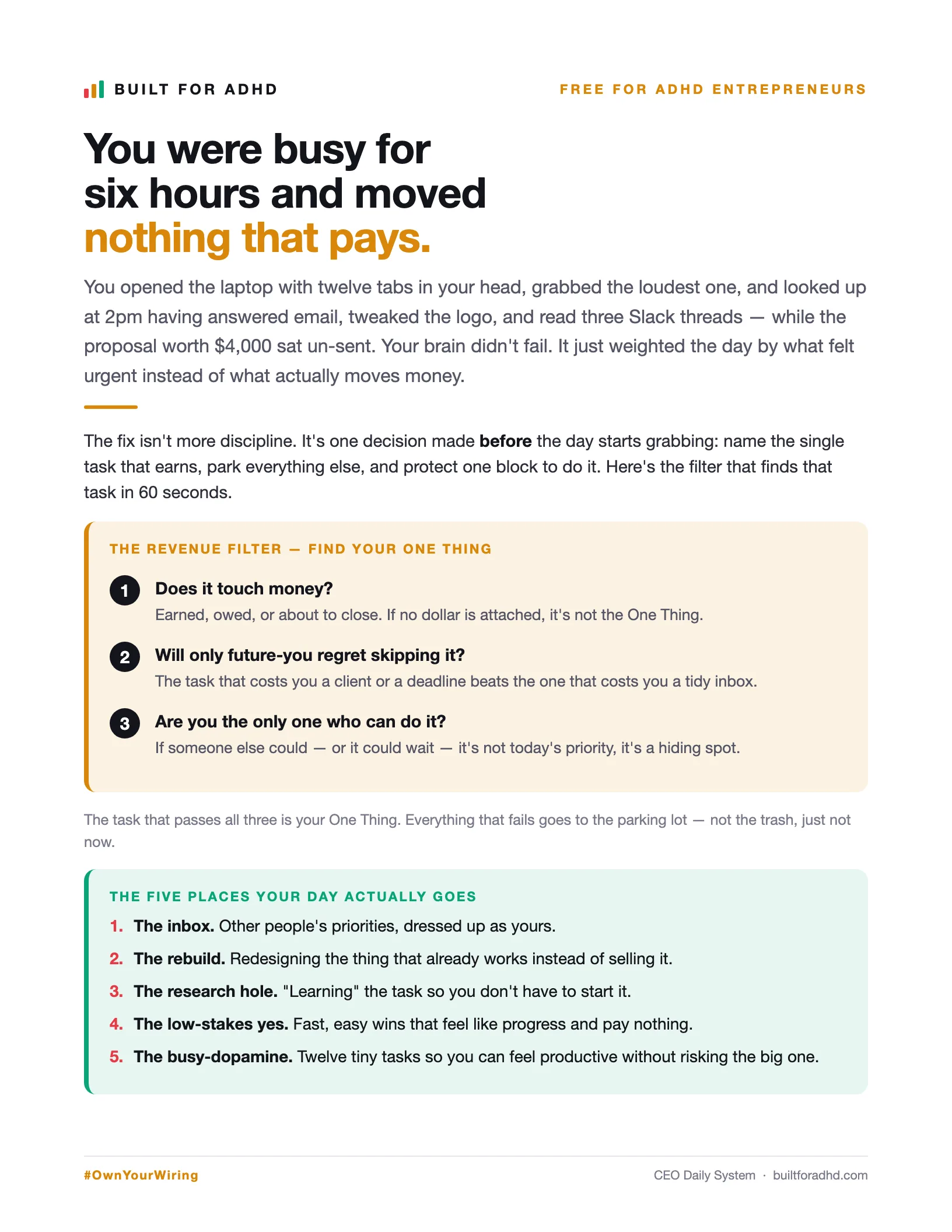 The CEO Daily System — a one-page PDF for ADHD entrepreneurs