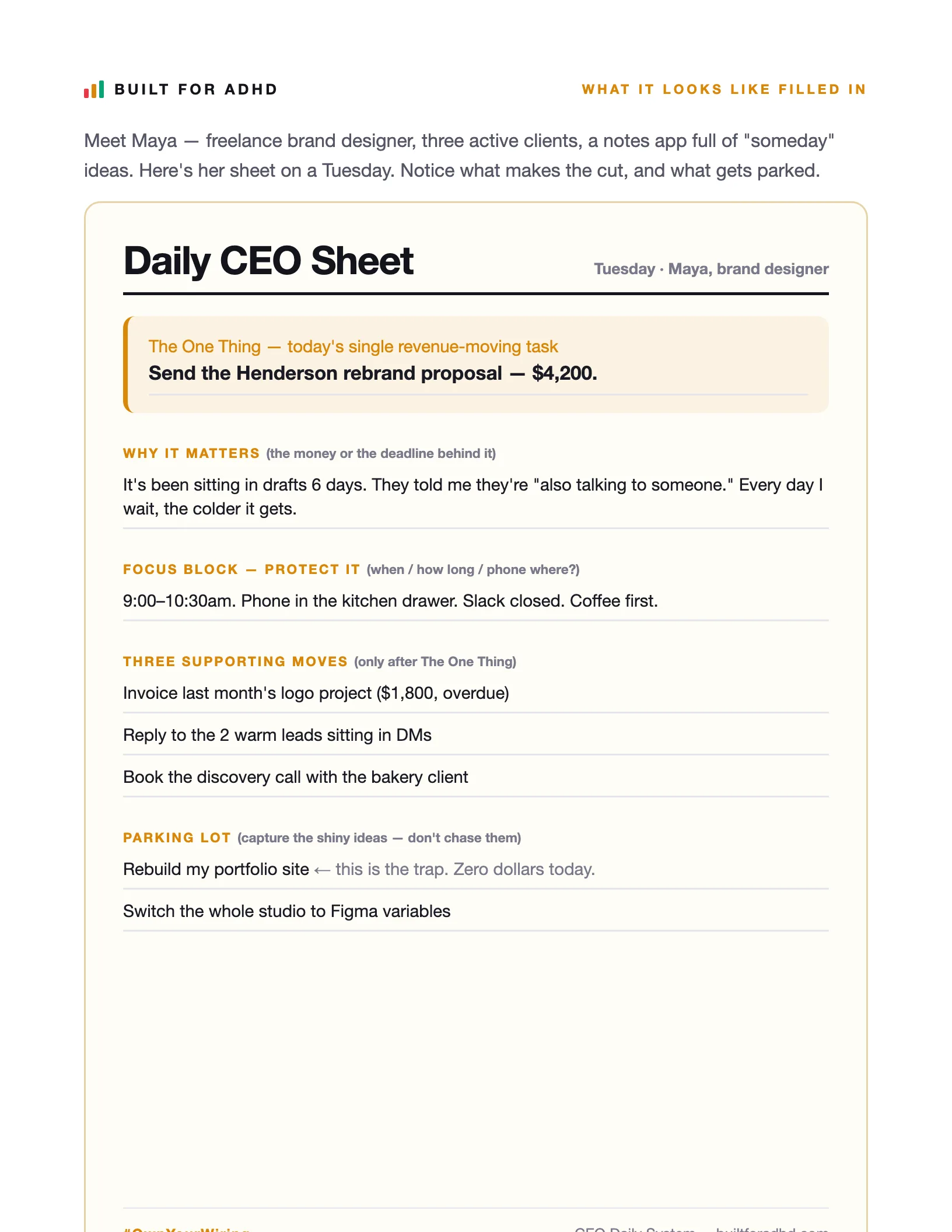 A real filled-in Daily CEO Sheet from the free tool