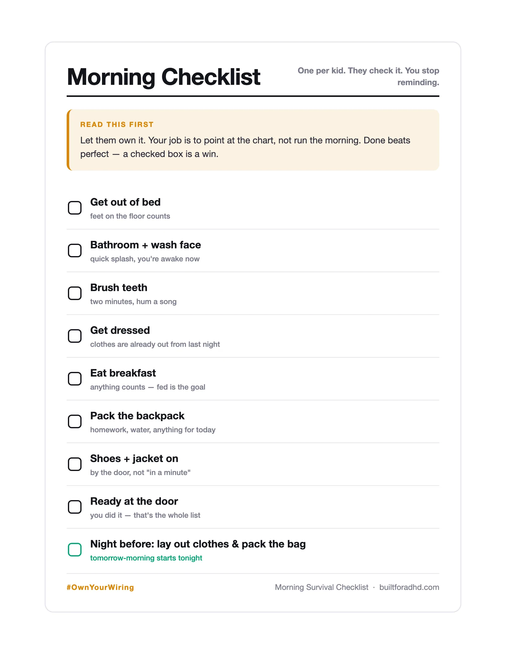A real page from the free Morning Survival Checklist
